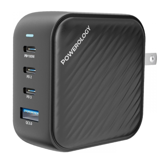 Powerology Ultra Compact 100W Triple PD GaN Charger, USB-C Laptop Travel Wall Charger Compatible with MacBook Pro, iPad, iPhone 15 Pro Max/15 Pro/14 Pro...